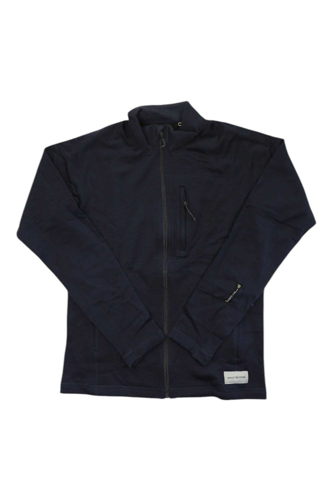 The Artilect Mens Eldorado 310 Merino Jacket is a dark navy blue merino wool zip-up with a high collar, chest zip pocket, and patch label—ideal for winter camping. Shown laid flat on a white background.