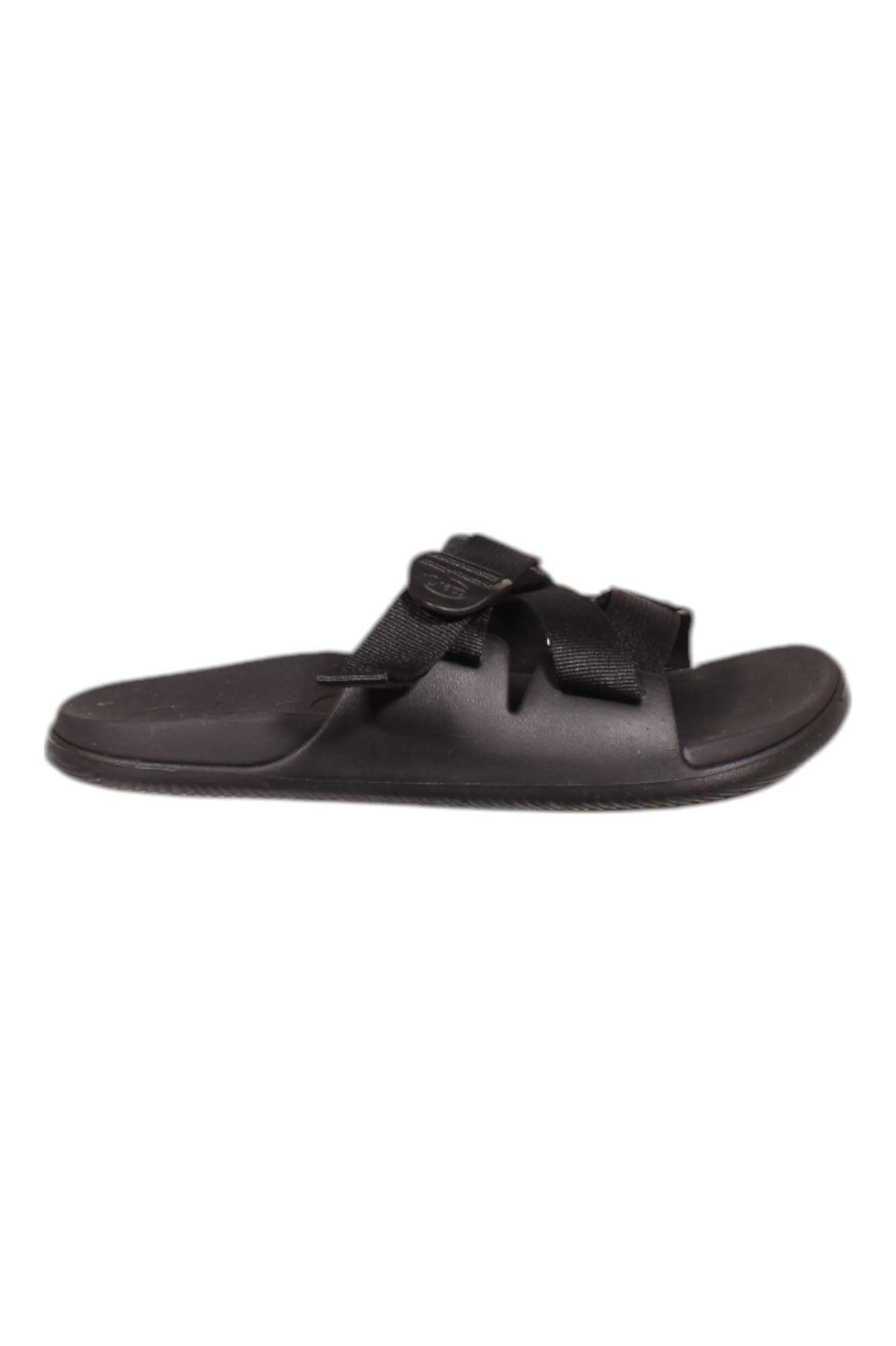 Women's black slide sandal with hook-and-loop strap closures and cushioned sole