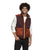 A smiling person with curly hair models The North Face Mens Royal Arch Vest—a maroon and orange fleece vest made from recycled polyester—over a white sweatshirt and black pants, standing against a plain white background.