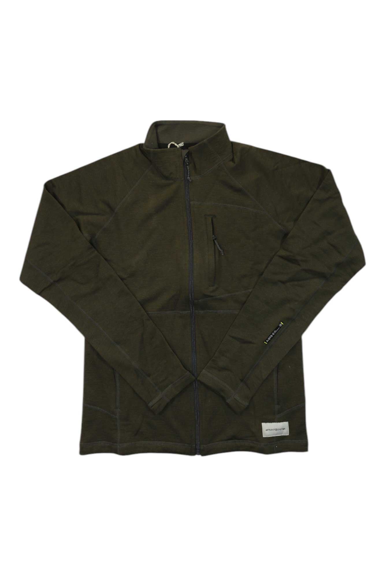 The Artilect Mens Eldorado 310 Merino Jacket in olive green features long sleeves, a chest zipper pocket, and a small label near the hem. Perfect for winter camping, this full-zip jacket is shown laid flat on a white background.
