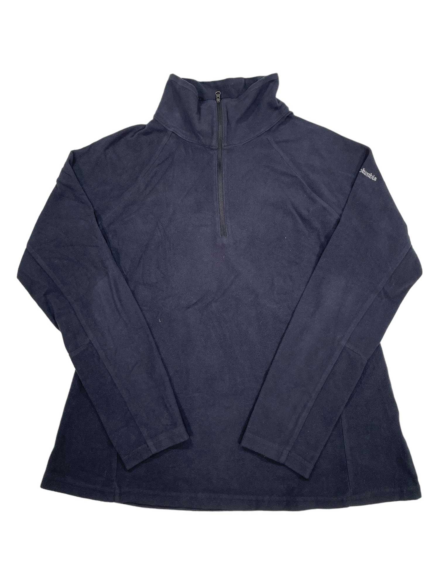 The Womens Glacial Fleece III 1/2 Zip is a navy blue Columbia microfleece pullover with long sleeves, a quarter-zip collar, and the Columbia logo on the left sleeve—ideal for cold weather. Shown laid flat on a white background.