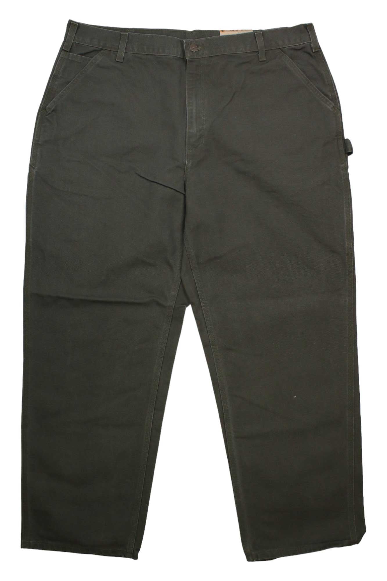 A pair of Carhartt Mens Washed-Duck Work Dungaree Pants in dark green, featuring front and back pockets, belt loops, a side tool loop, and durable cotton duck fabric, laid flat on a white background.