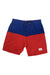 Men's slanted swim shorts, red and blue color-block with drawstring waist and white logo patch