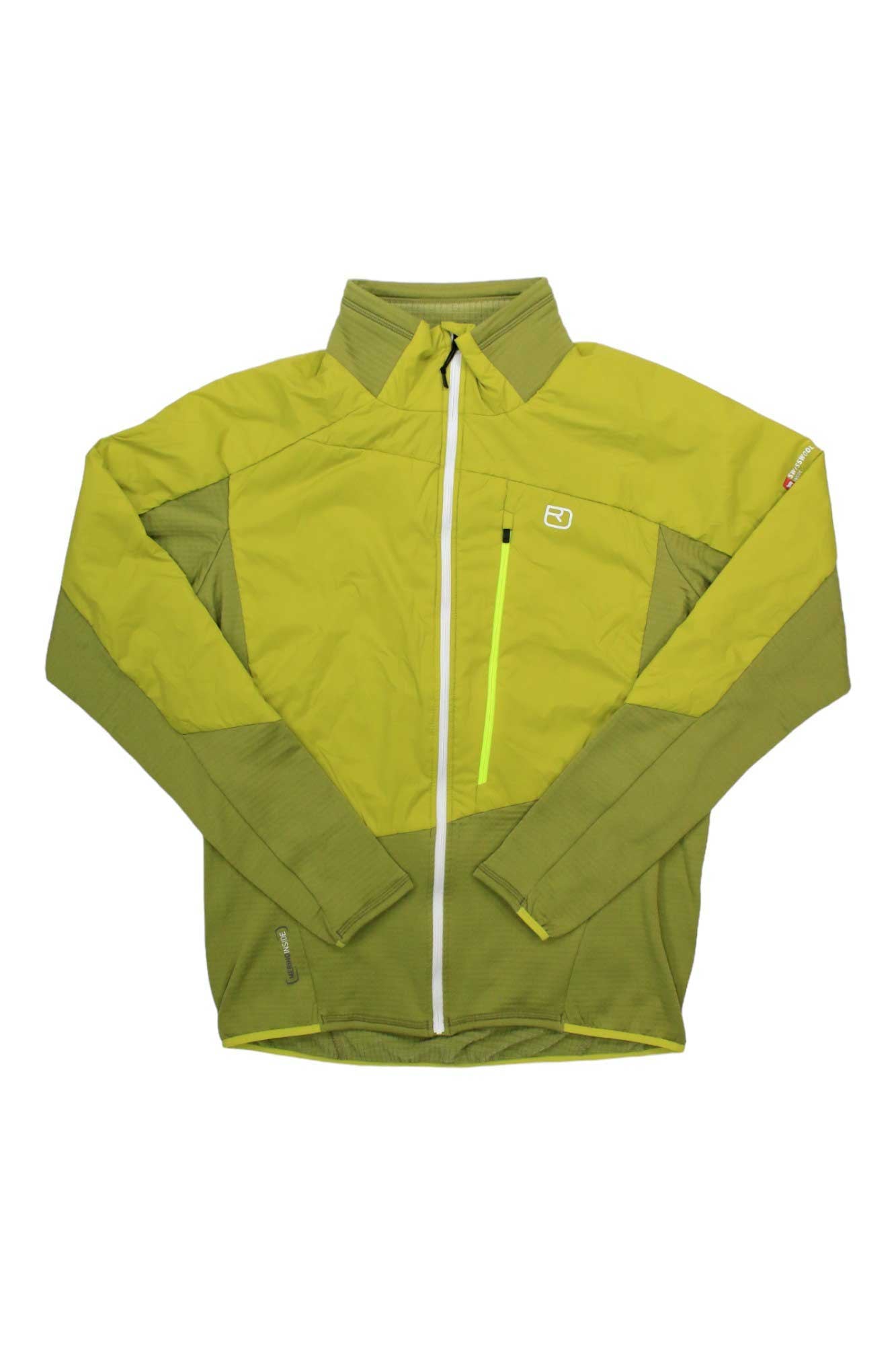 Men's hybrid jacket, stand-collar full-zip, lime yellow with neon green zipper and logo