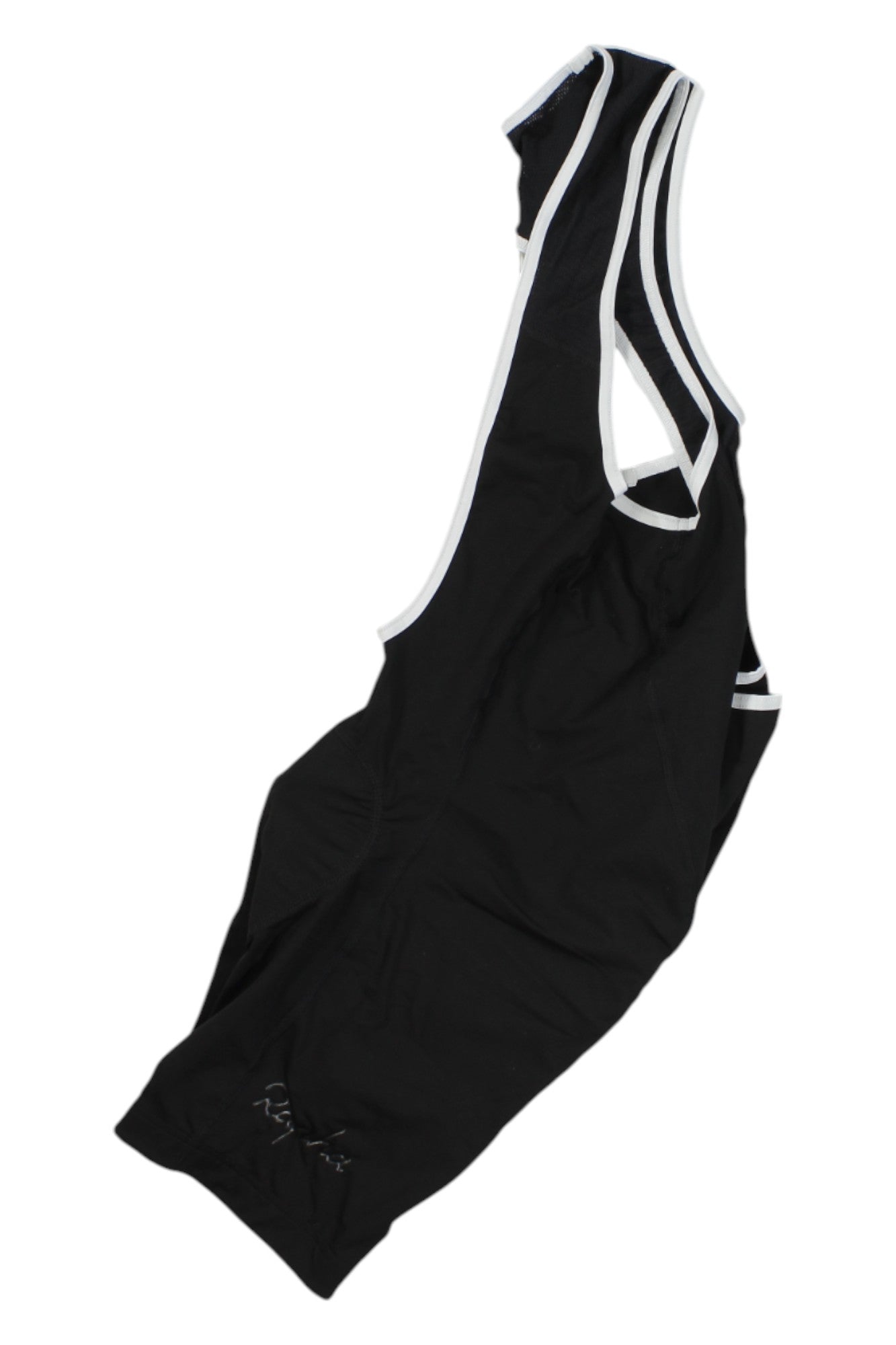 Black cycling bib shorts with white trim and white-striped bib strap accents