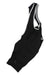 Black cycling bib shorts with white trim and white-striped bib strap accents