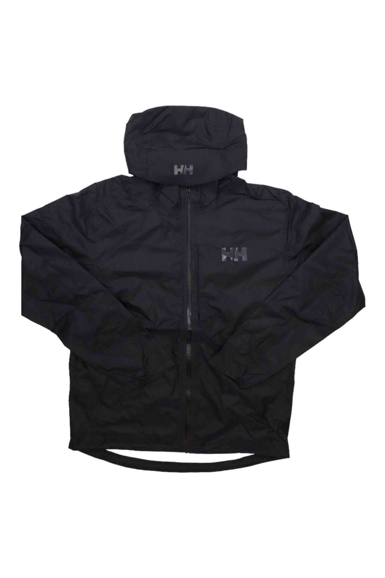 The Helly Hansen Men's Verglas Micro Shell Jacket in black features a front zipper and two logos, one on the chest and one on the hood, shown against a white background.
