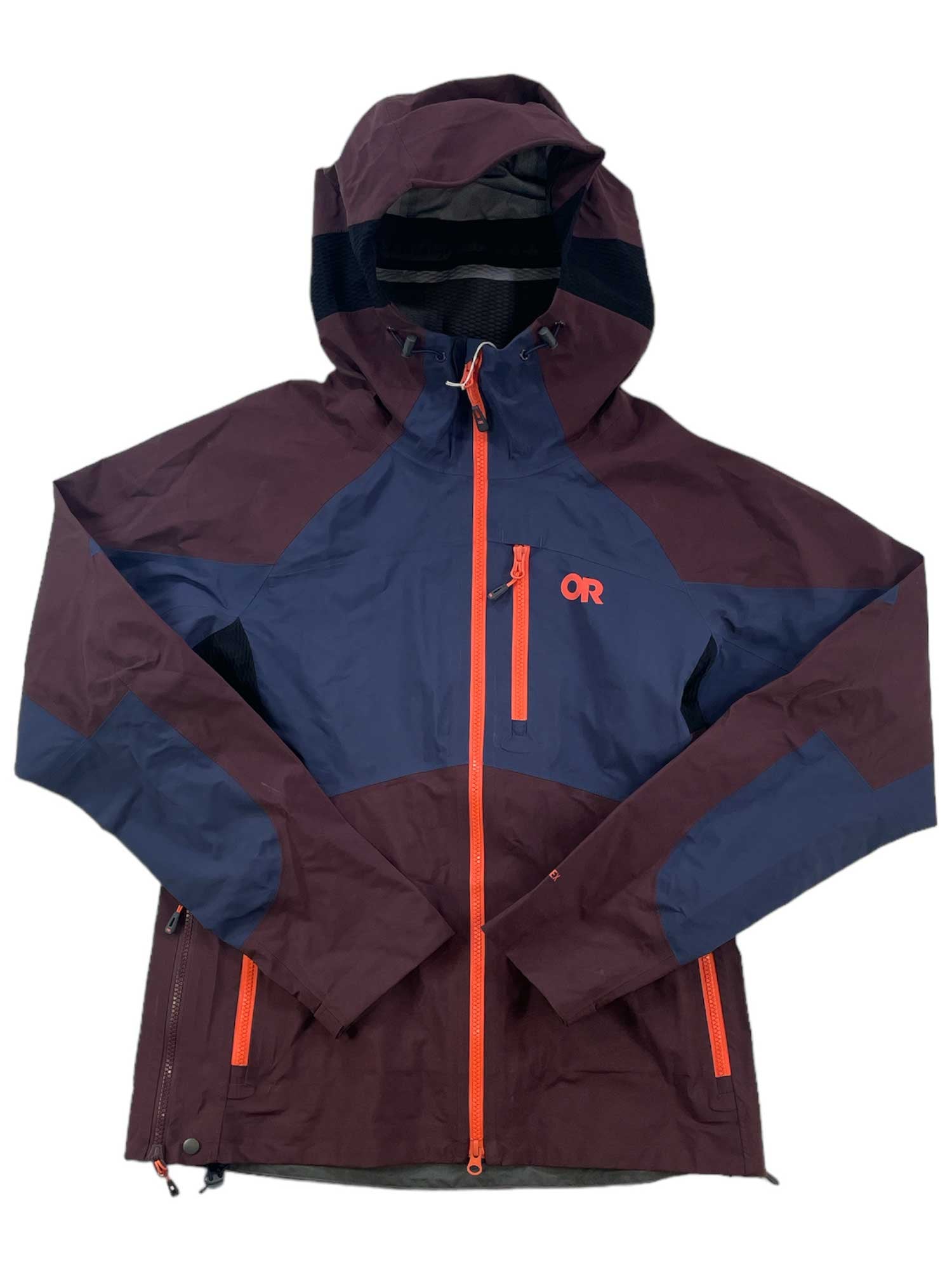 The Womens Hemispheres Jacket is a two-tone GORE-TEX waterproof shell with a hood, in dark maroon and navy panels, orange zippers, multiple pockets, a high collar, and an OR logo on the left chest.