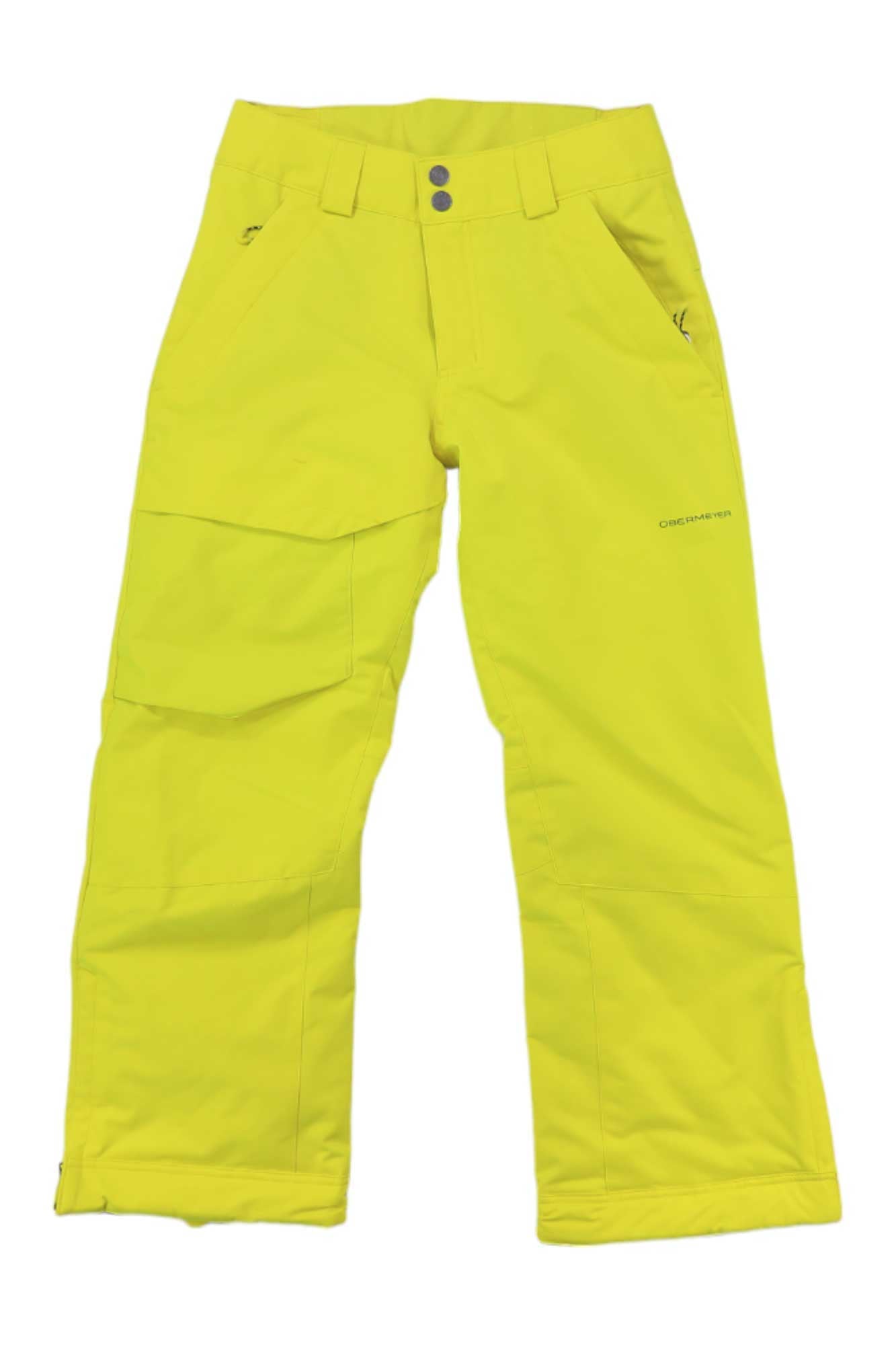 The Obermeyer Teen Boys Brisk Pant features bright yellow color, belt loops, two front pockets, reinforced knees, relaxed fit, adjustable waist with snap buttons, visible stitching details, and waterproof fabric—ideal for snowy adventures.