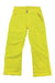 The Obermeyer Teen Boys Brisk Pant features bright yellow color, belt loops, two front pockets, reinforced knees, relaxed fit, adjustable waist with snap buttons, visible stitching details, and waterproof fabric—ideal for snowy adventures.