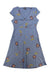 The Toad & Co Women's Rosemarie Dress is a short-sleeved, knee-length blue organic cotton dress with a V-neck and red, yellow, and white floral print. This eco-friendly, relaxed-fit dress is displayed flat on a white background.