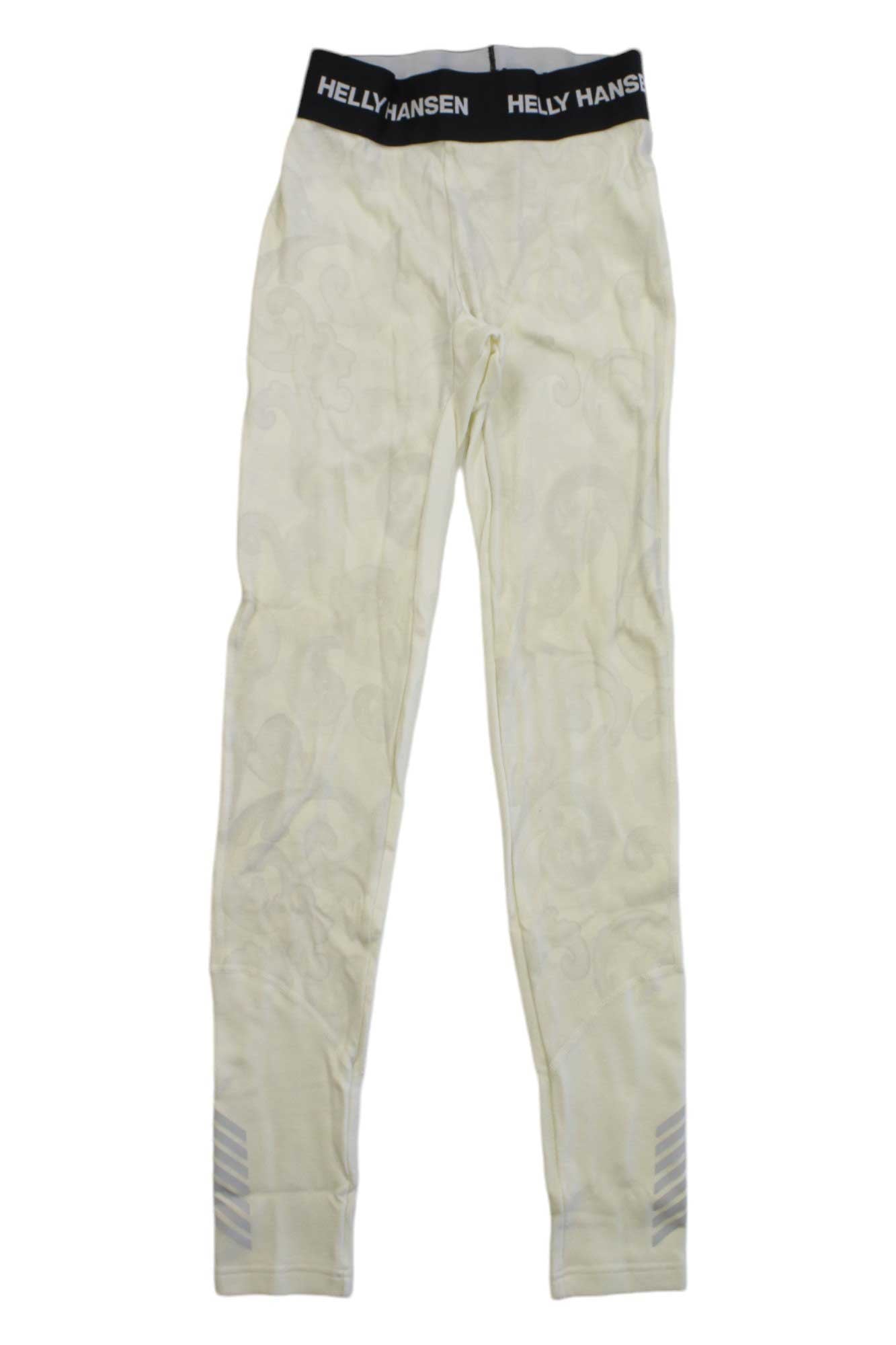 The Helly Hansen Women’s Lifa Merino Midweight Graphic Pant is light yellow with a black waistband featuring the white Helly Hansen logo, subtle patterns, moisture-wicking fabric, and small gray diagonal stripes near the cuffs.