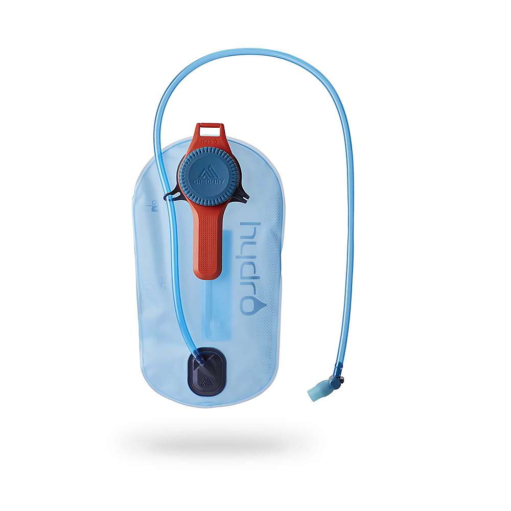 The Gregory Hydro 2L Reservoir features a blue design, flexible drinking tube, red handle, and locking cap—perfect for hiking backpacks. "Gregory" and "Hydro" are printed on the side for easy identification.