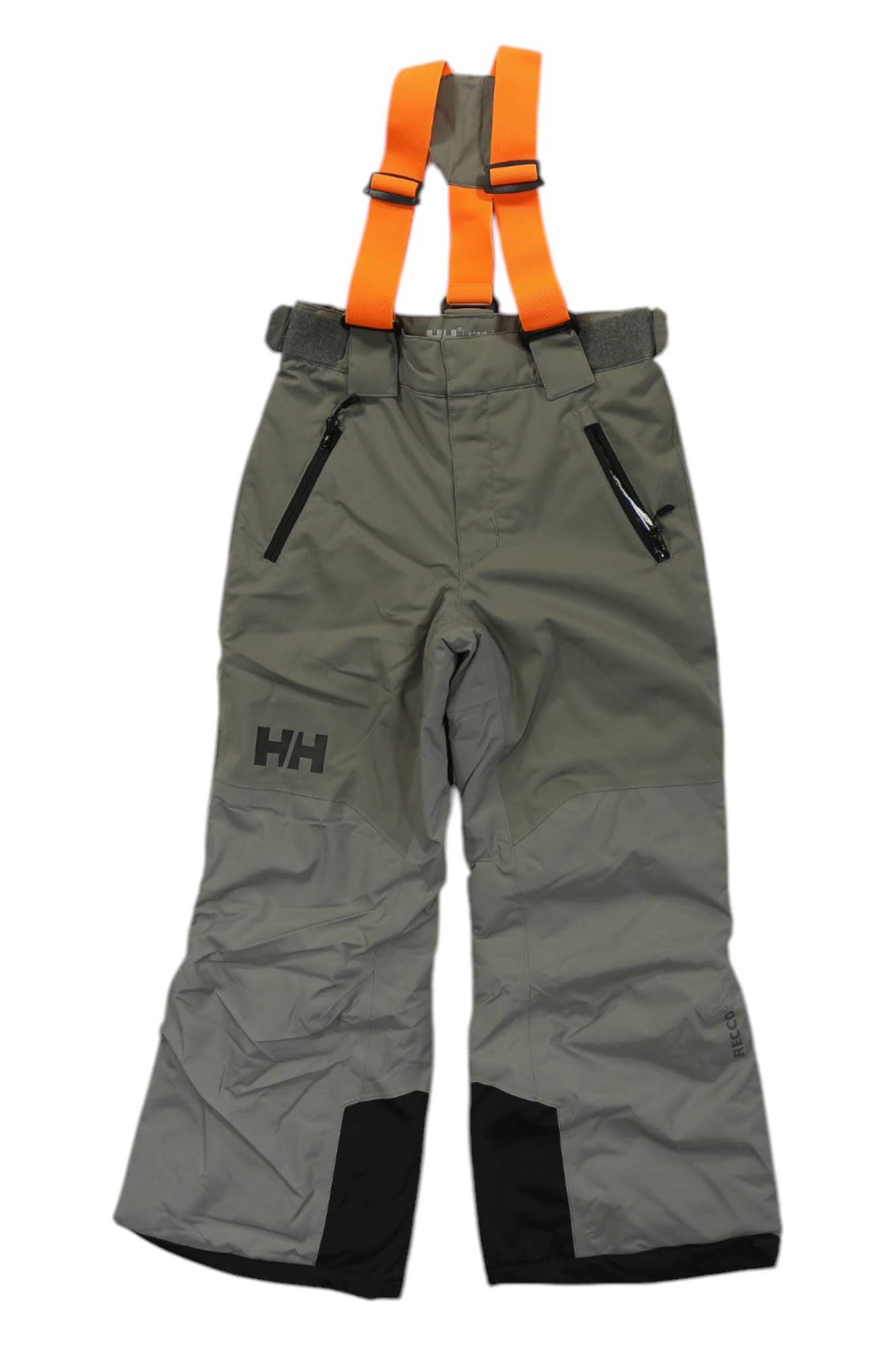 The Helly Hansen Juniors No Limits 2.0 Pant is gray with black knee patches, black zippered pockets, bright orange adjustable suspenders, insulated design, and HH logo on the upper left thigh, displayed flat on a white background.