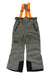 The Helly Hansen Juniors No Limits 2.0 Pant is gray with black knee patches, black zippered pockets, bright orange adjustable suspenders, insulated design, and HH logo on the upper left thigh, displayed flat on a white background.
