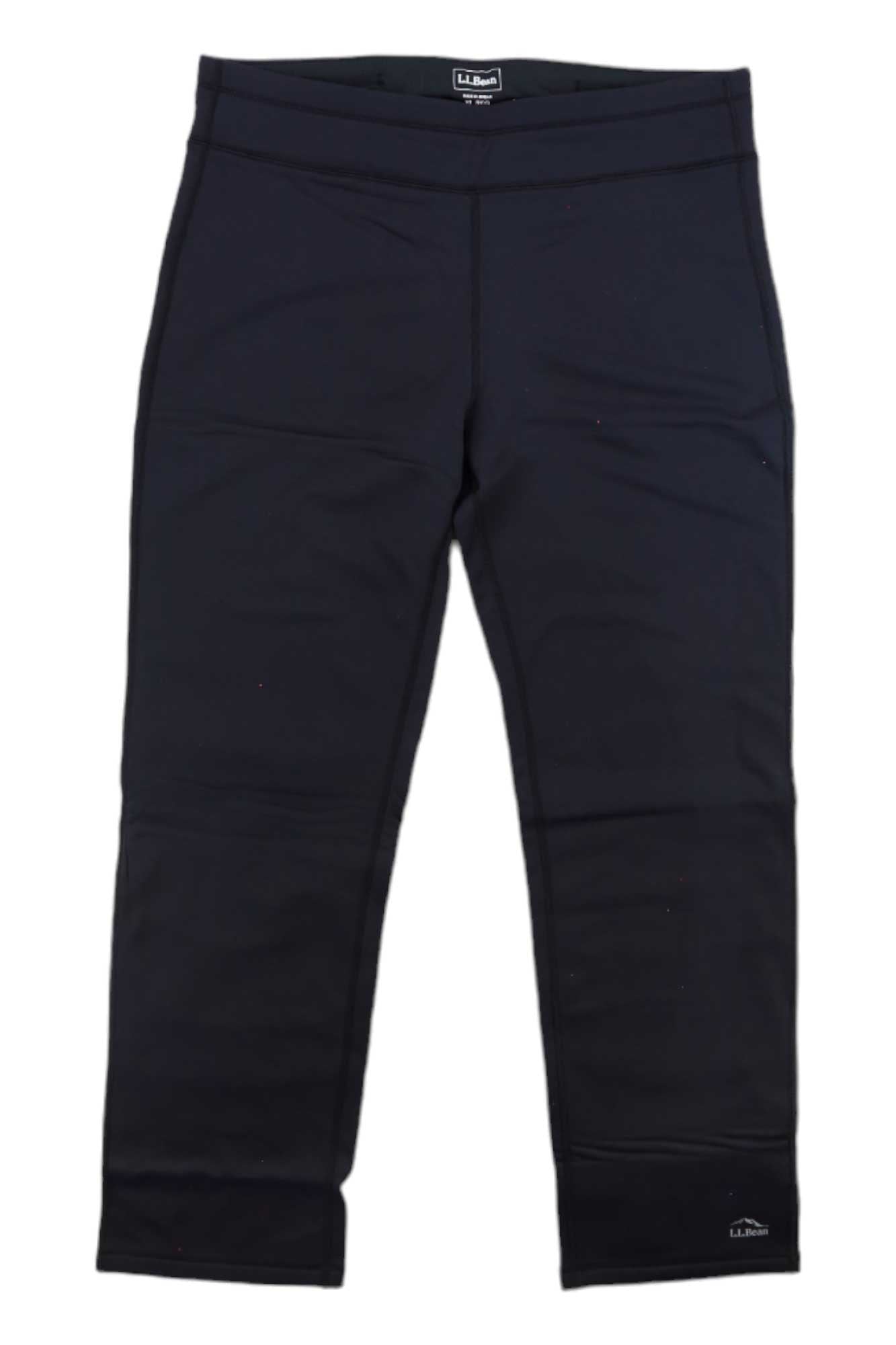 The L.L.Bean Womens Primaloft Thermastretch Fleece Straight Leg Pant is shown in black, laid flat on a white background. These full-length pants have a wide waistband, visible seams, and moisture-wicking fleece for comfort during any workout.