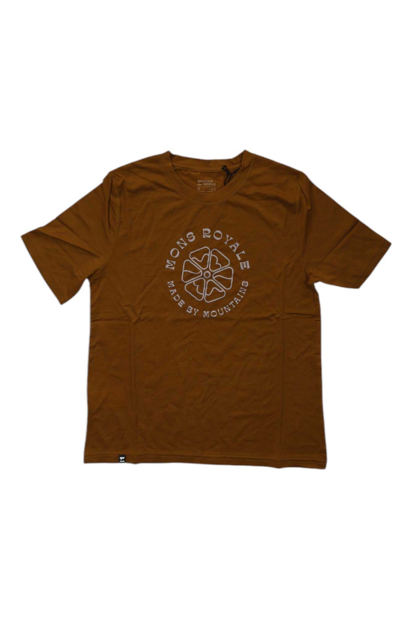 Women’s relaxed crew-neck tee in copper brown with centered circular Mons Royale graphic
