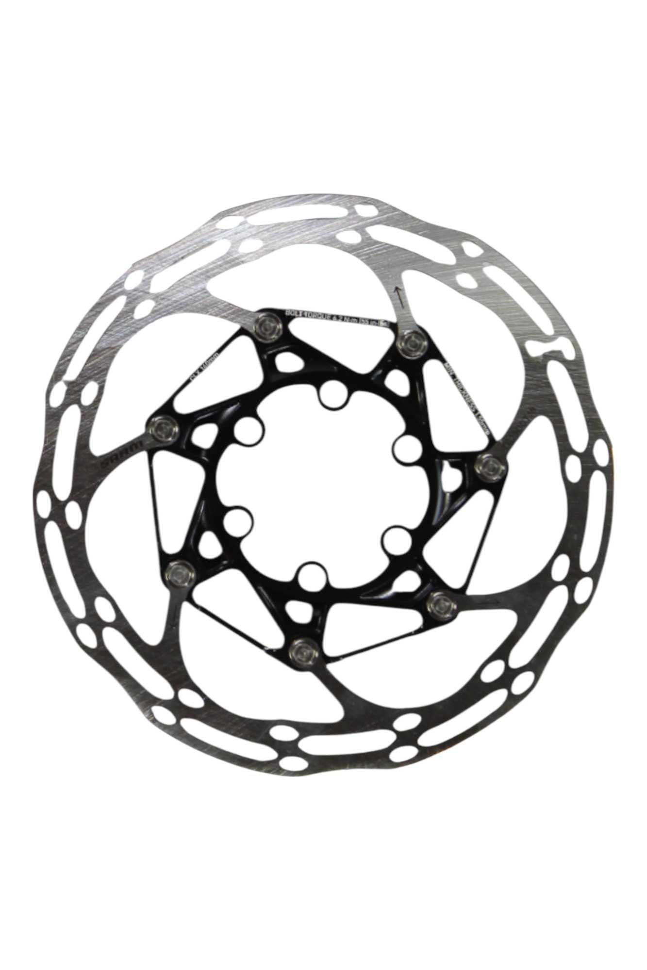 A close-up of the SRAM CenterLine 2-Piece Rounded Edge Rotor shows its circular design with multiple cutouts and a black center hub, highlighting its precise construction and rounded edges.