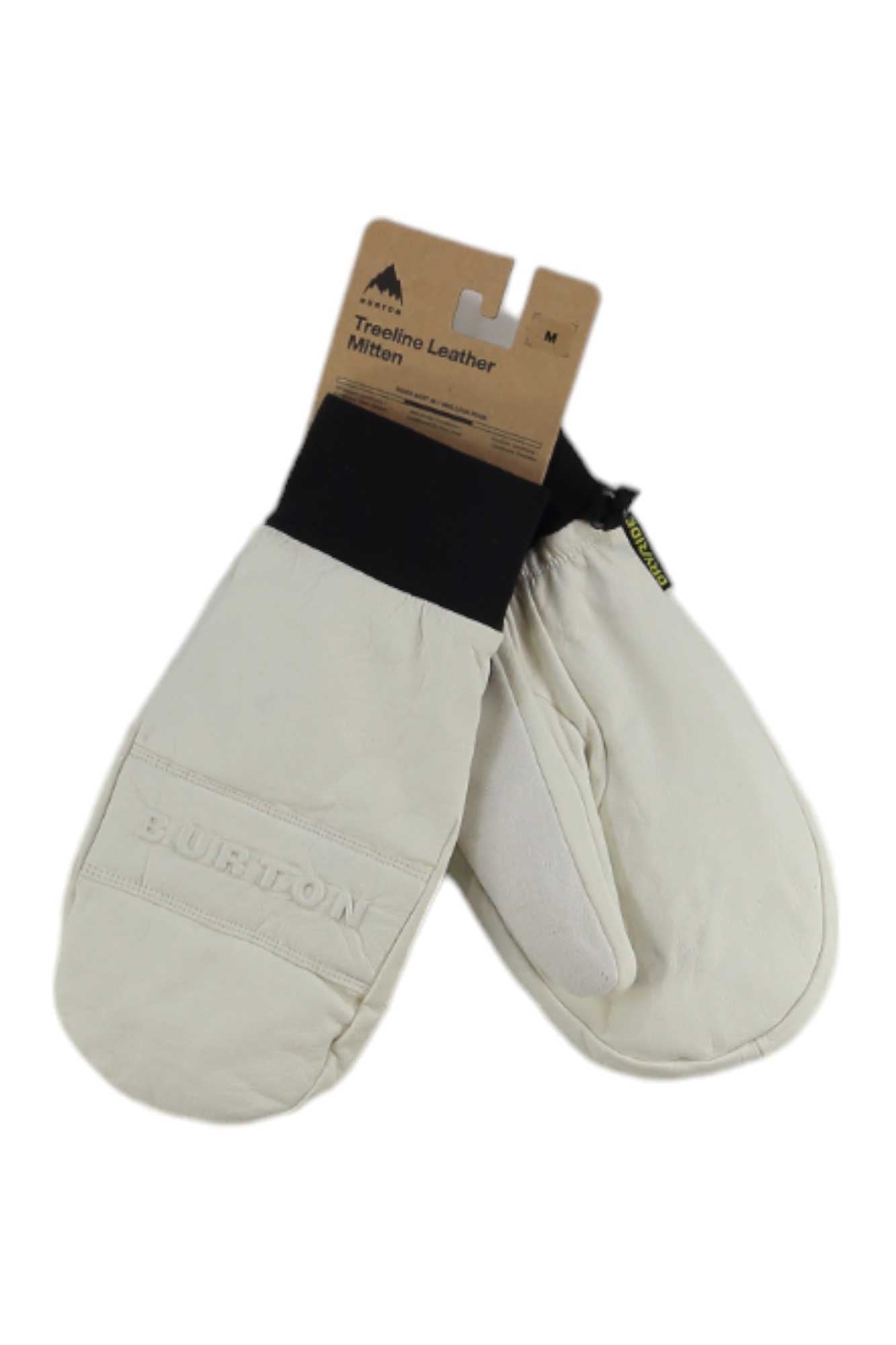 A pair of Burton Mens Treeline Leather Mittens in white with black cuffs is attached to a brown cardboard tag and displayed against a white background.