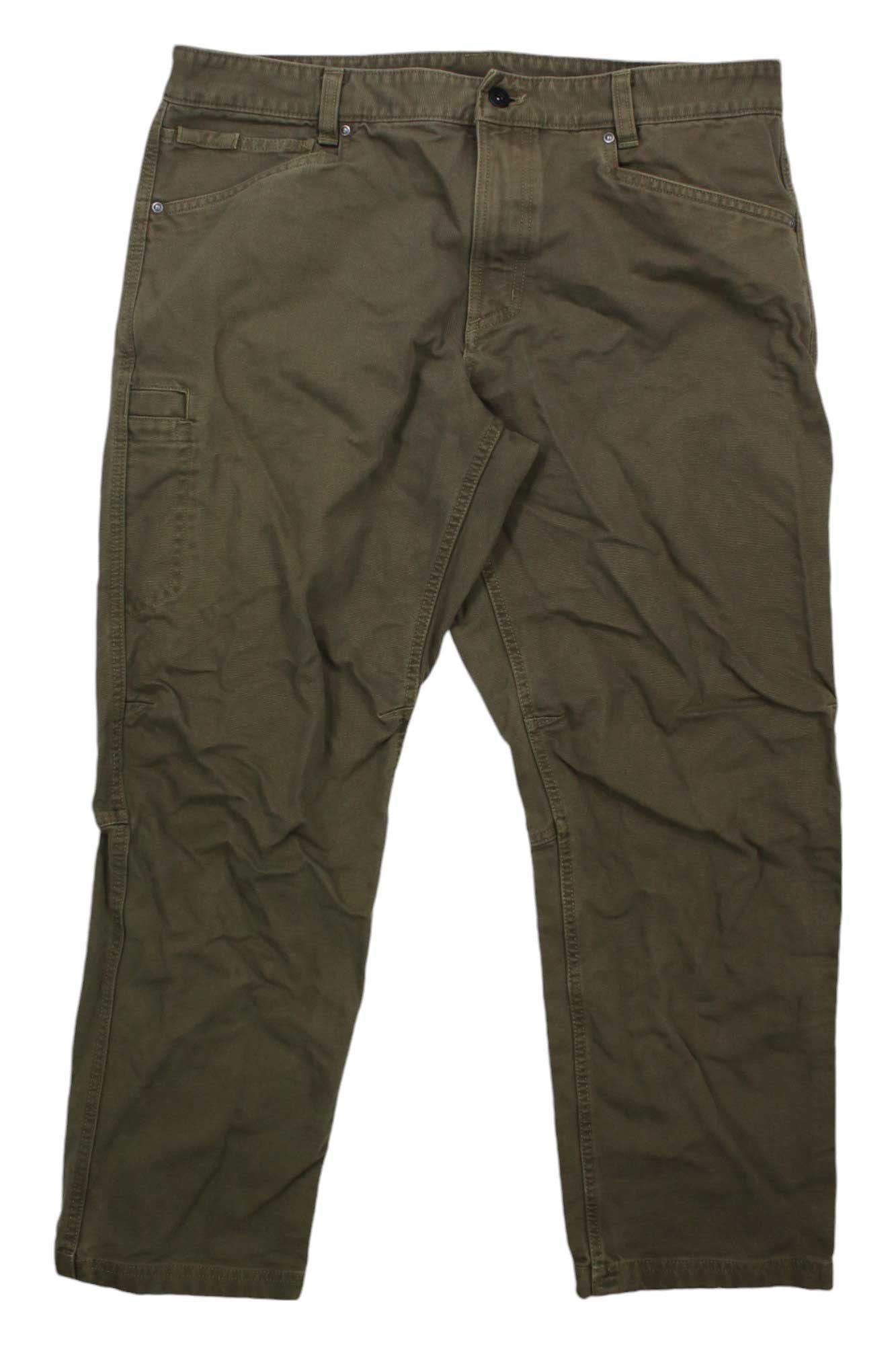 The Men's Campfire Pants in olive green feature front and side pockets, a button and zipper fly, and slightly wrinkled durable Sorona Triexta-blend fabric—designed for enhanced comfort on the trail.