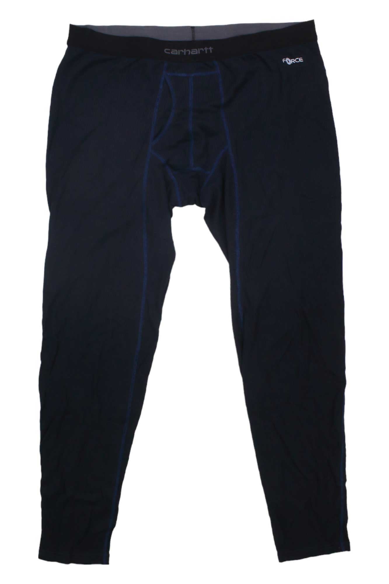 A pair of Carhartt Mens Base Force Midweight Classic Bottom black thermal underwear pants with blue stitching and elastic waistband, designed for moisture wicking, laid flat on a white background.