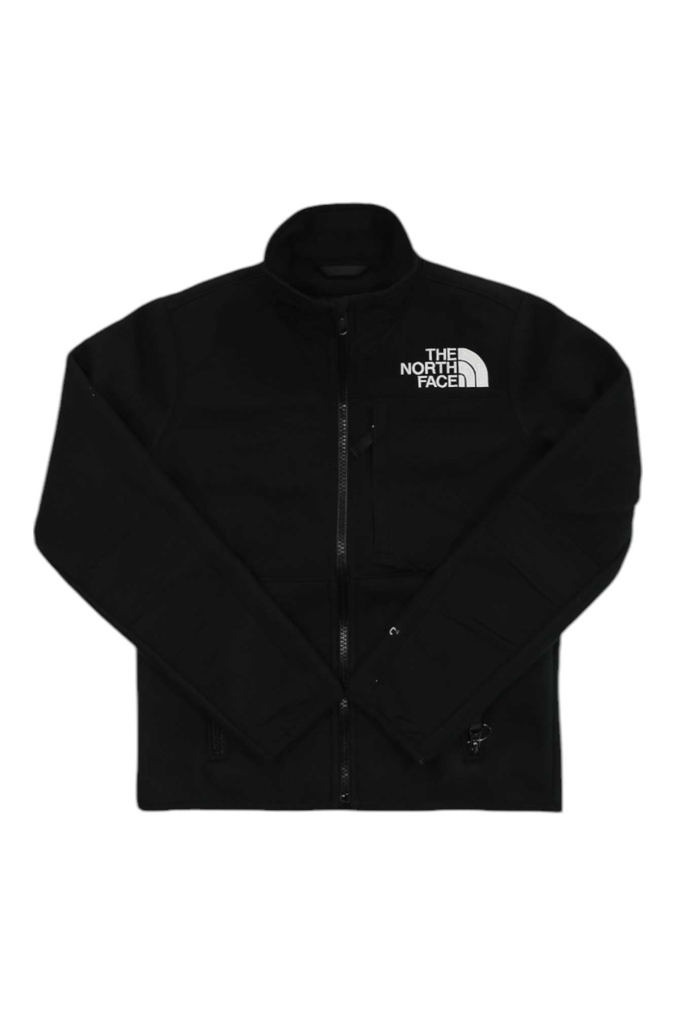 The North Face Kids Denali Jacket is black with a high collar, crafted from recycled polyester Polartec fleece. It features white The North Face logo on the left chest and front pockets, shown against a white background.