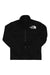 The North Face Kids Denali Jacket is black with a high collar, crafted from recycled polyester Polartec fleece. It features white The North Face logo on the left chest and front pockets, shown against a white background.