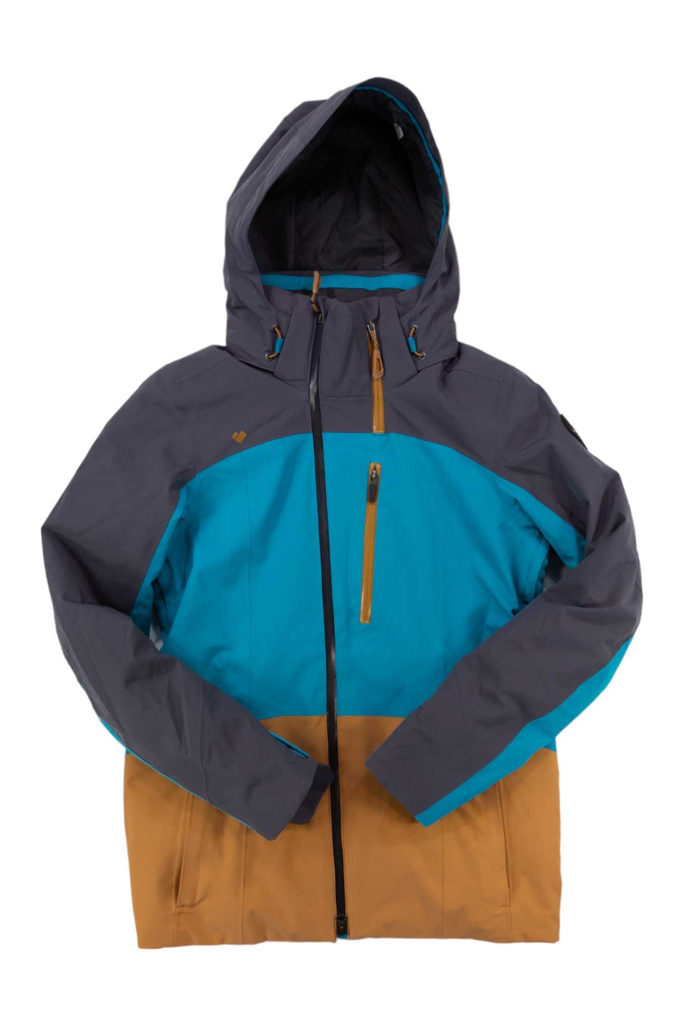 The Obermeyer Womens First Chair Jacket is a color-blocked ski jacket with dark gray hood and shoulders, teal blue chest and sleeves, brown lower section, PrimaLoft insulation, a chest zip pocket, and two side pockets.
