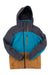 The Obermeyer Womens First Chair Jacket is a color-blocked ski jacket with dark gray hood and shoulders, teal blue chest and sleeves, brown lower section, PrimaLoft insulation, a chest zip pocket, and two side pockets.