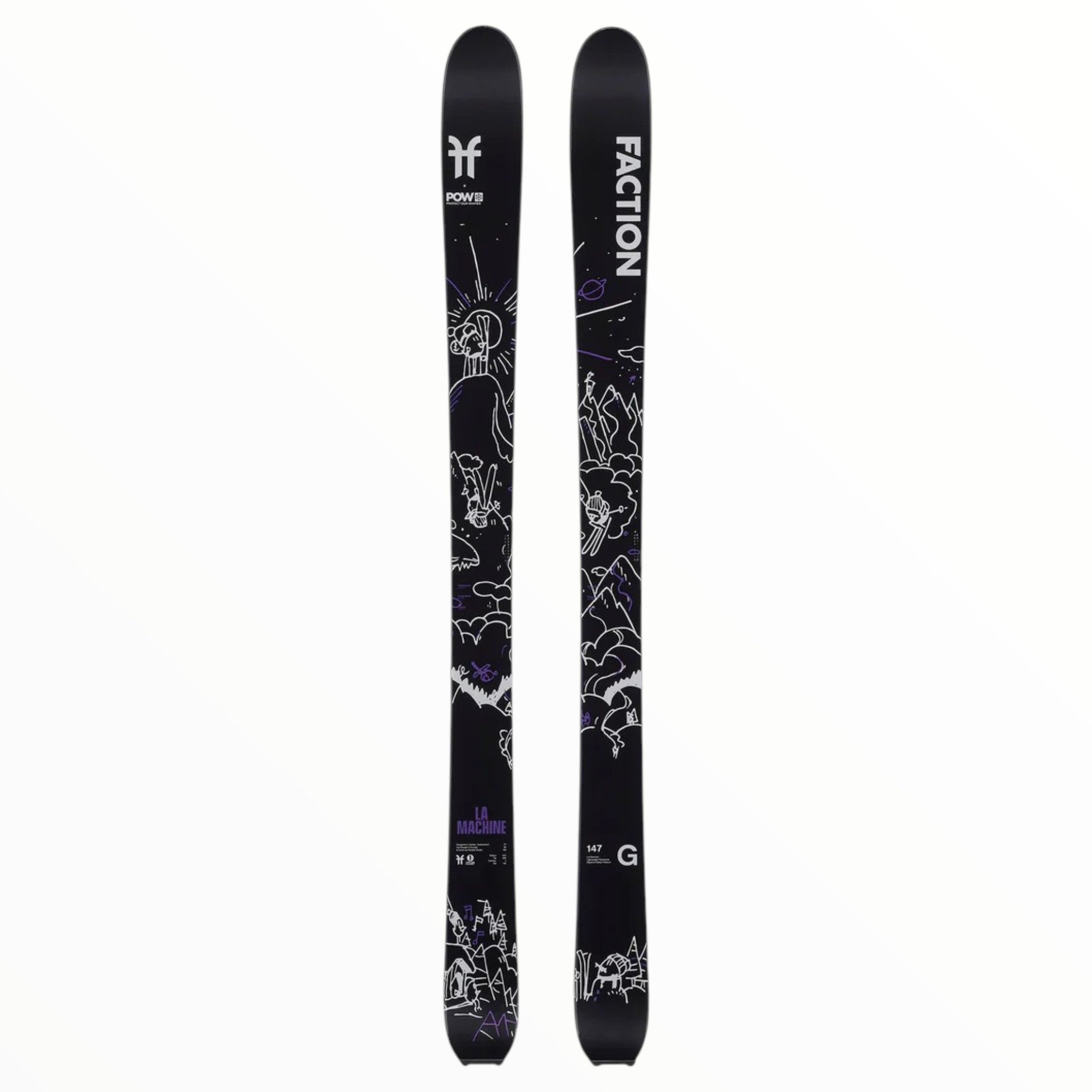 The Faction La Machine Grom POW Collab LTD Skis feature black topsheets with white and purple mountain, cloud, and celestial line art. The Faction logo appears near the top—ideal skis for youth adventurers.