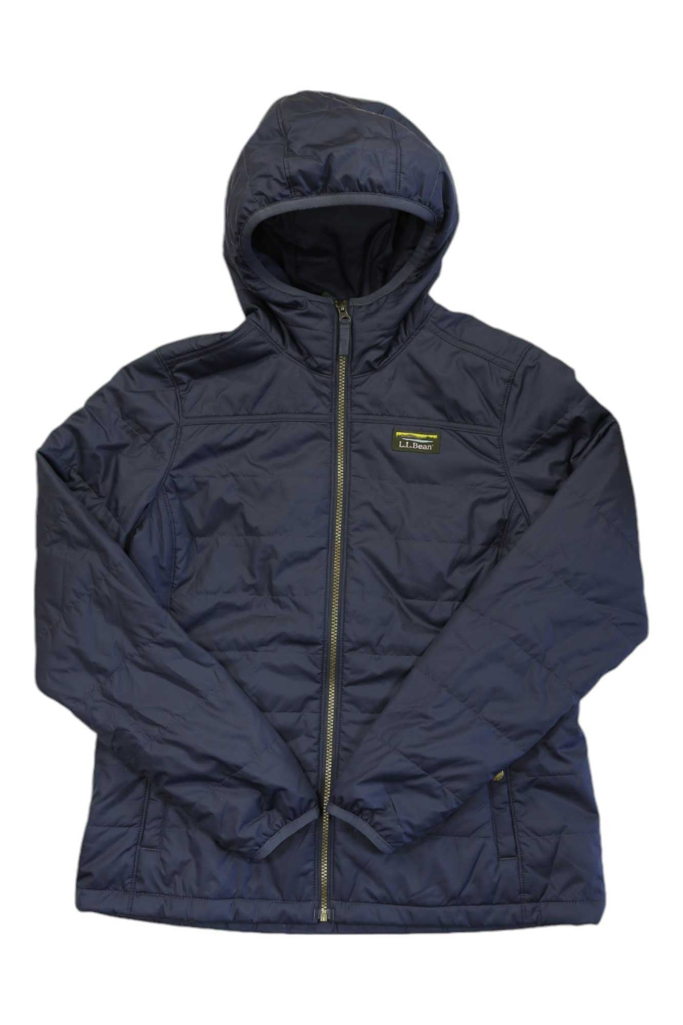 L.L.Bean women's hooded puffer jacket, dark gunmetal, full-zip front