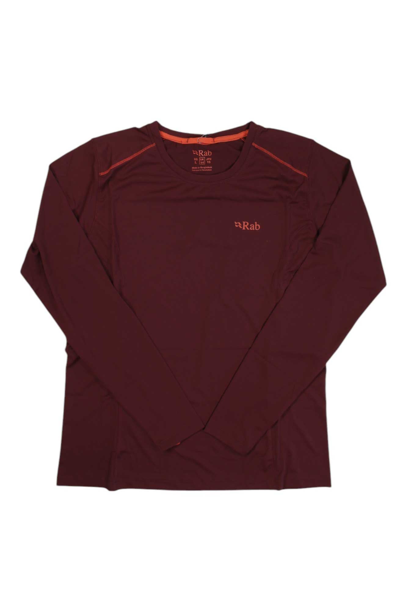 The Rab Women's Force LS Tee, a maroon long-sleeve hiking shirt with moisture-wicking fabric and the Rab logo on the chest, is shown laid flat on a white background.