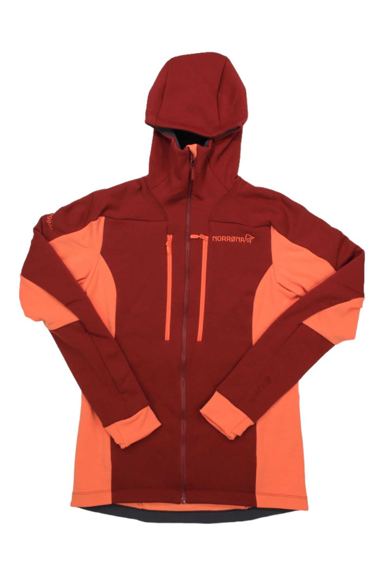 Women’s zip-up hoodie with adjustable hood, maroon and orange panel design.