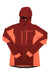 Women’s zip-up hoodie with adjustable hood, maroon and orange panel design.