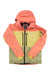 The Burton Mens [ak] GTX Swash Jacket is a Gore-Tex, color-blocked men's jacket with a hood, featuring coral pink on the hood and sleeves, light yellow on the chest, olive green at the bottom, two front zipper pockets, and [ak] BURTON branding.