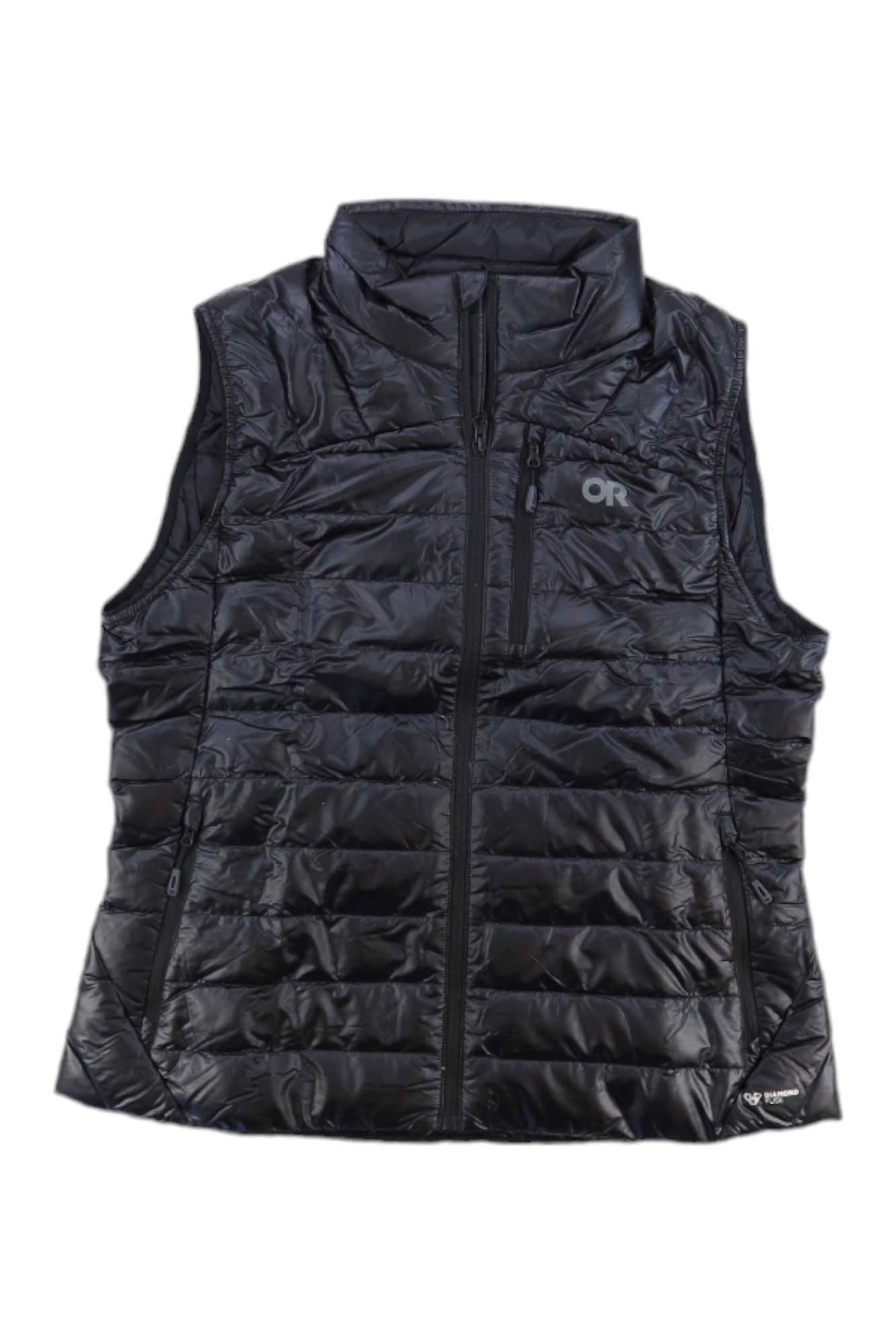 The Outdoor Research Women's Helium Down Vest is a black, sleeveless, lightweight insulated vest with a front zipper, zippered chest pocket, and subtle left-chest logo—ideal as a water-resistant layering piece for any weather.
