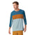 A smiling man wears the Smartwool Mens Merino Sport 120 Mountain Biking 3/4 Sleeve Tee with blue sleeves, a brown stripe, and light blue body, standing against a white background.