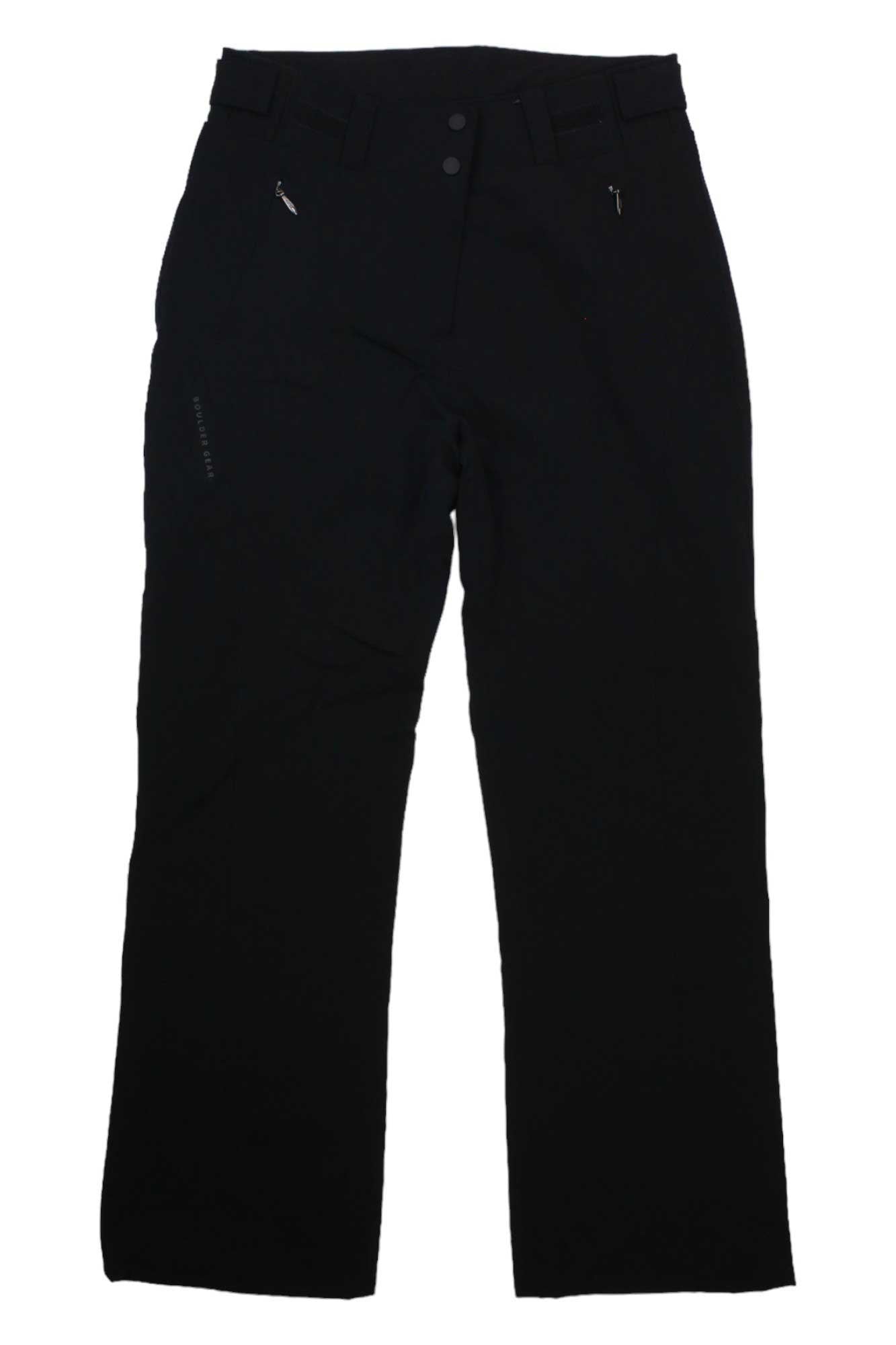 The Boulder Gear Womens Journey Pant is a pair of black, straight-leg pants with front zipper and button closure, two zippered pockets, and water-resistant fabric—ideal winter pants for any adventure.