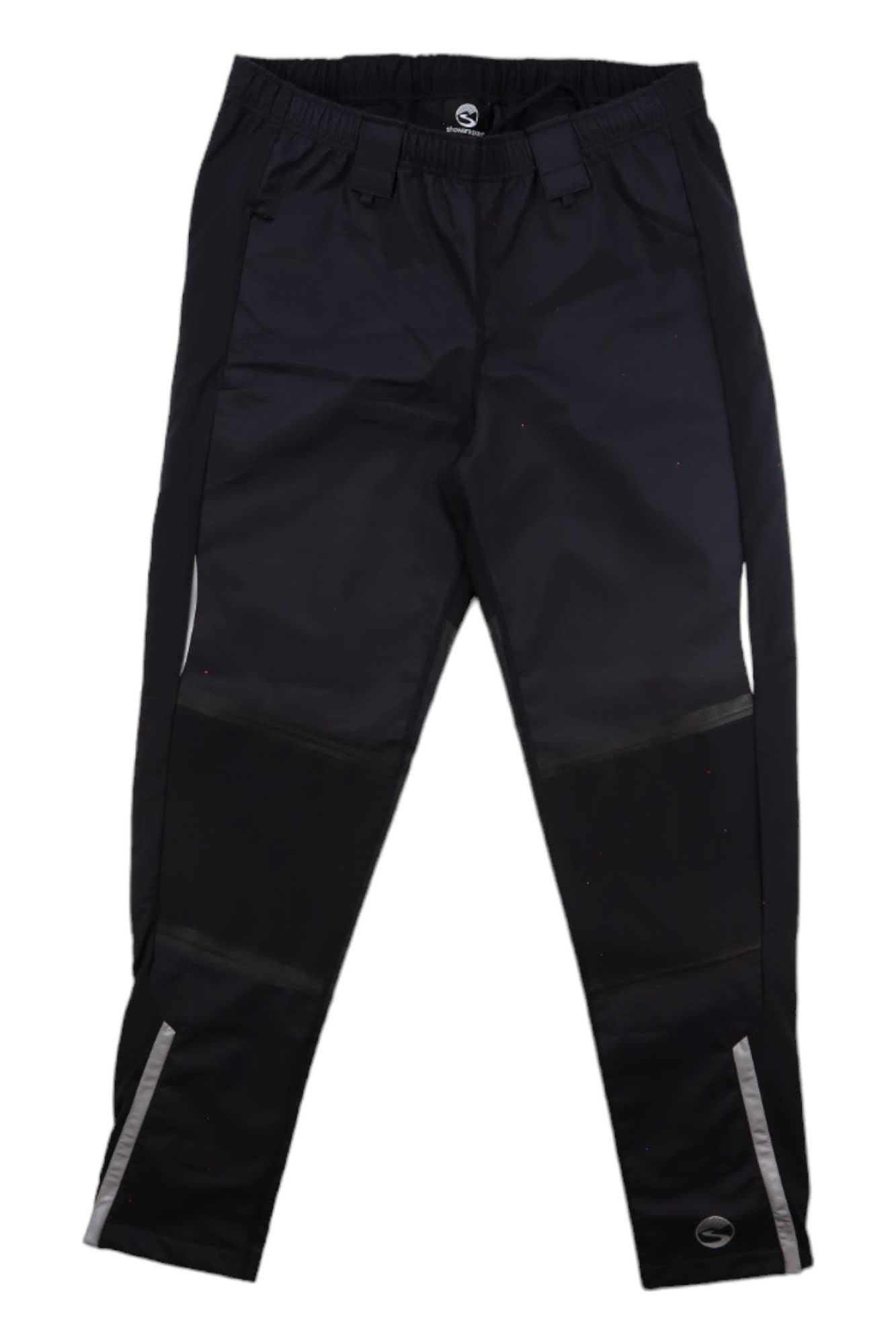 Showers Pass Men's Skyline Pant in black, featuring an elastic waistband, belt loops, and reflective strips at the knees and lower legs, designed for snowshoeing, displayed flat on a white background.