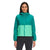 A woman with long dark hair wears The North Face Womens Class V Full Zip Hooded Jacket, a two-tone teal design with moisture-wicking fabric and UPF 40+, paired with black pants, posing against a white background, facing forward neutrally.