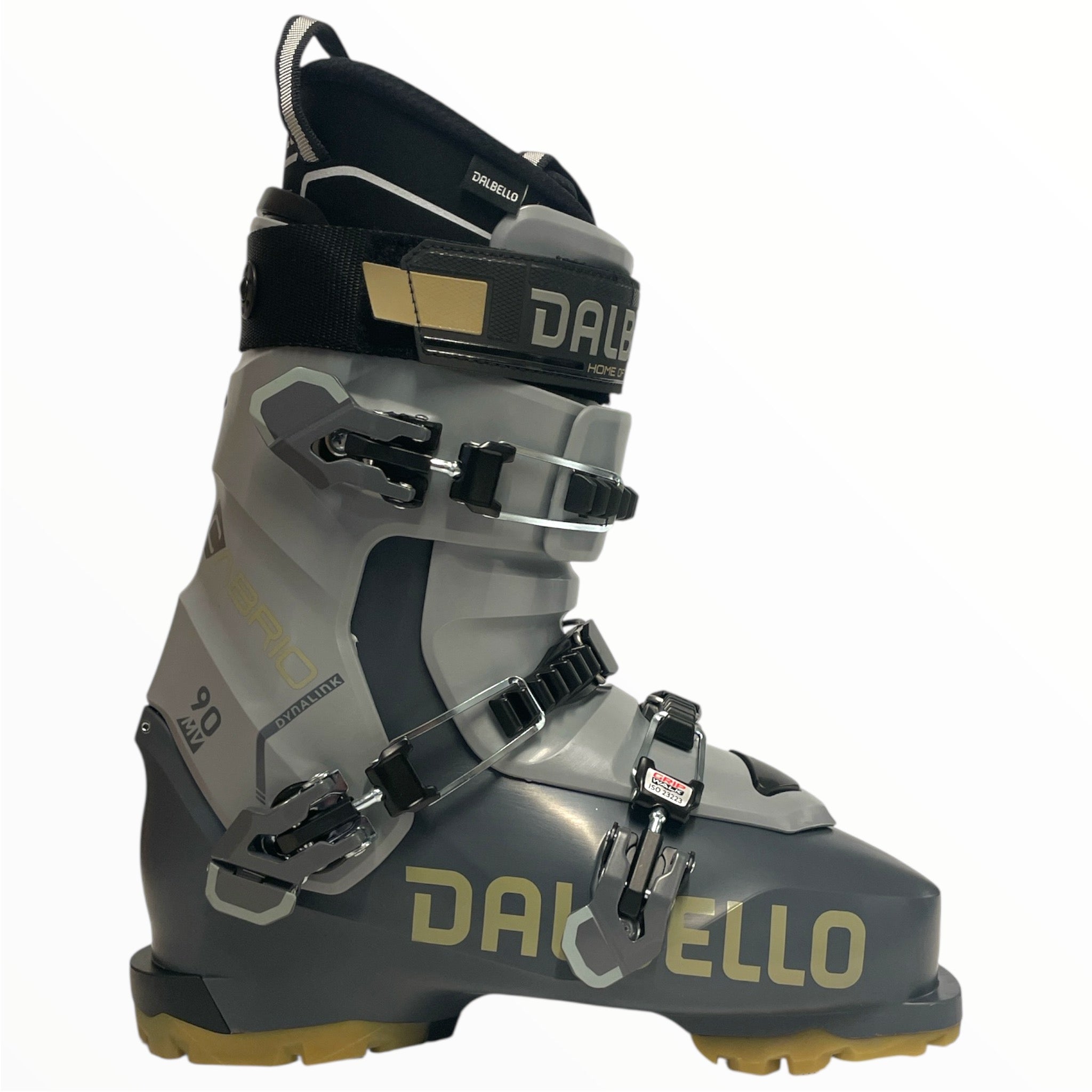 The Dalbello Cabrio MV 90 IF Ski Boots are grey men's all-mountain freeride boots with black buckles, gold accents, "DALBELLO" branding, an adjustable strap, and a textured sole for added grip.