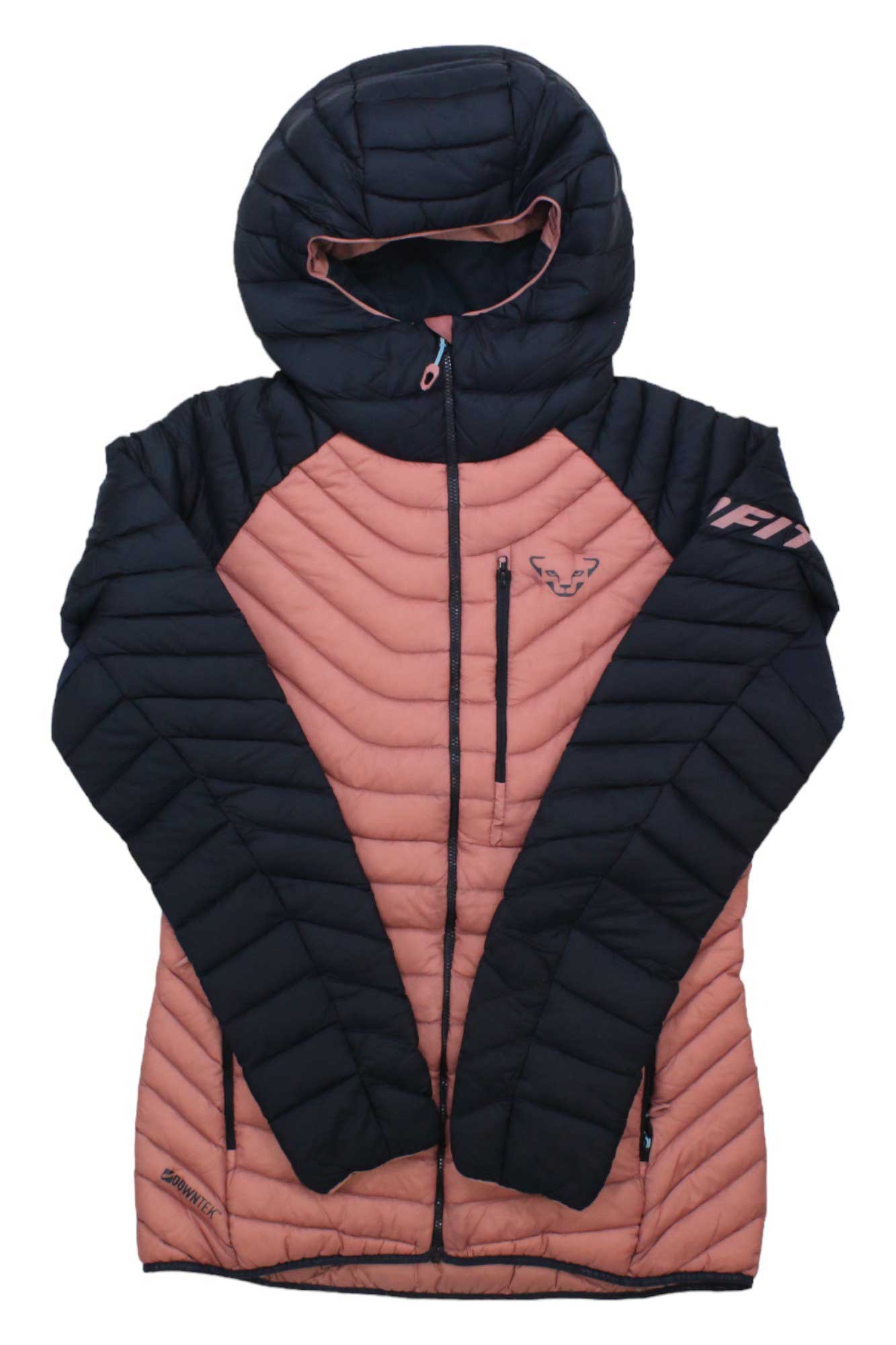 The Dynafit Women's Radical Down Hooded Jacket in black and dusty pink features a front zipper, chest logo, and left sleeve lettering—an insulated jacket ideal for women's ski touring adventures.