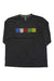 Men's black long-sleeve tee with colorful horizontal chest print squares