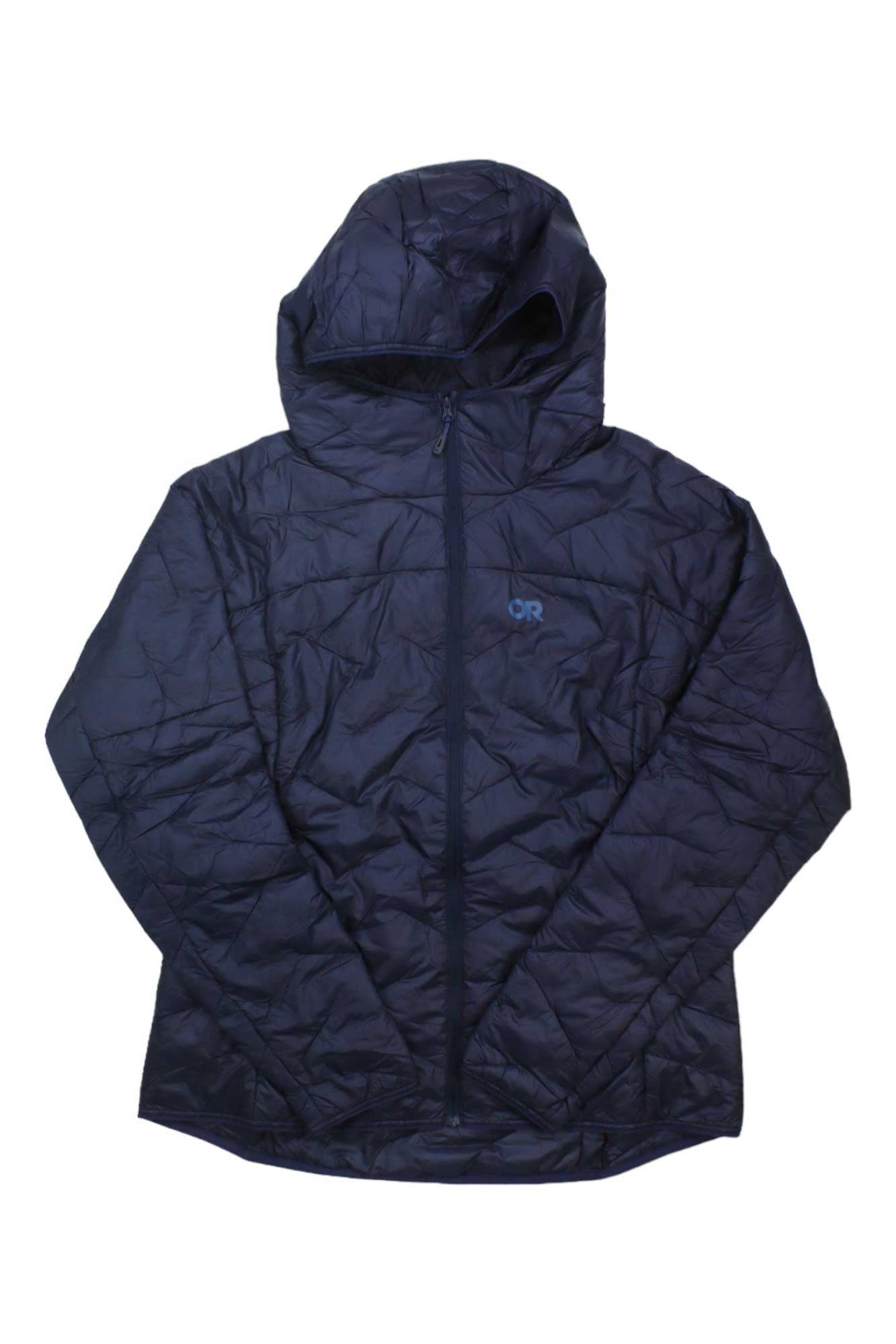 The Outdoor Research Womens Superstrand LT Hoodie in black features a front zipper, subtle geometric pattern, OR logo on the left chest, and lightweight VerticalX SuperStrand insulation for warmth without bulk.