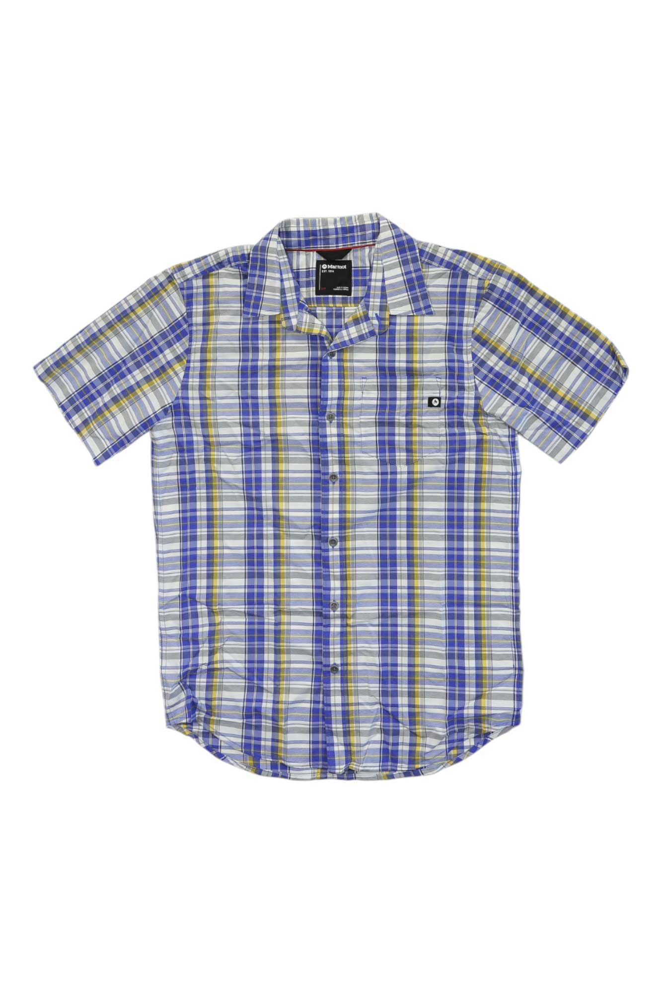 Men's short-sleeve plaid button-up shirt, blue/green/yellow