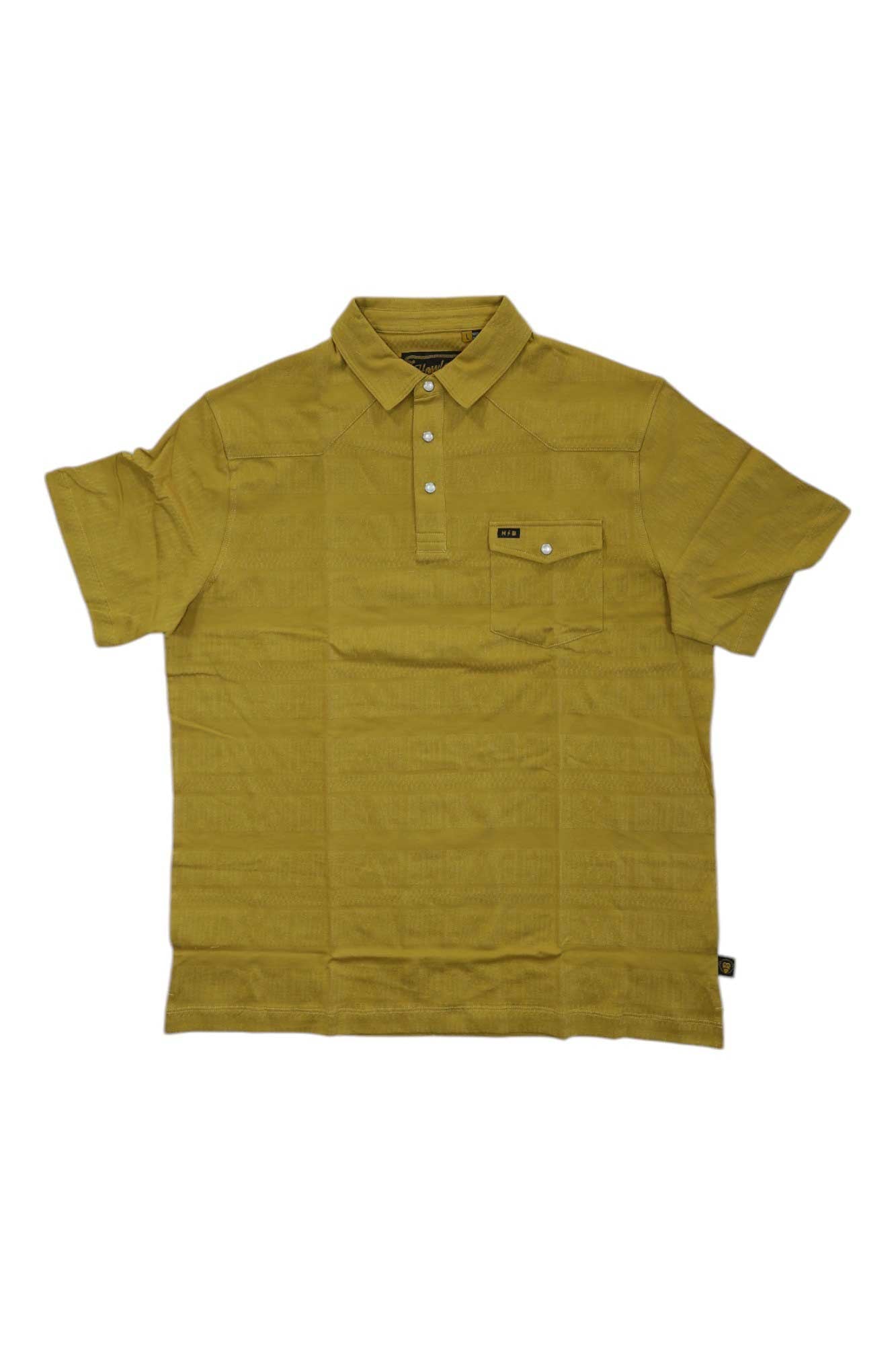 The Howler Brothers Mens Ranchero Jacquard Polo is a short-sleeved, mustard yellow shirt with a collar, three white buttons, a buttoned chest pocket, subtle textured pattern, and a small black tag on the pocket.