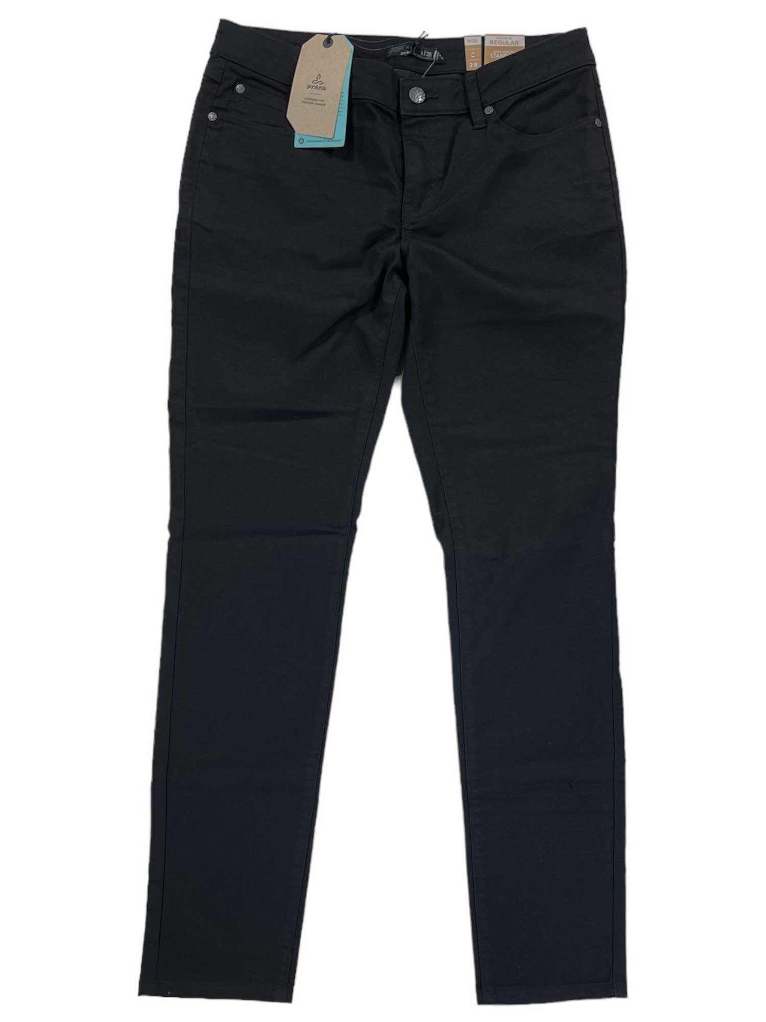 A pair of black Kayla Jean women’s jeans in performance stretch denim, featuring button and zip closure, front and back pockets, and brand tags on the waistband, laid flat on a white background.