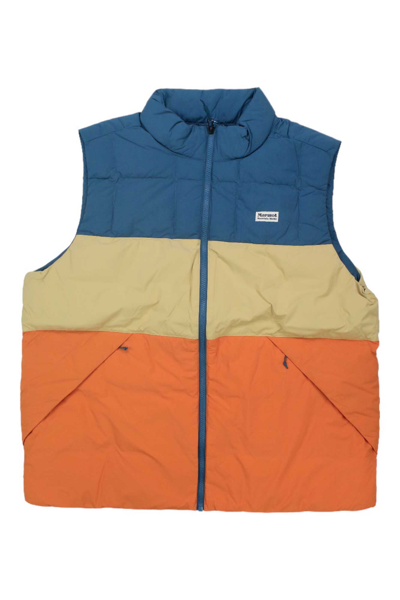 The Marmot Men's Ares Vest is a lightweight, insulated down vest with blue top, beige midsection, and orange bottom. It features a front zipper, stand-up collar, and angled zippered pockets—ideal for outdoor adventures.