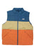 The Marmot Men's Ares Vest is a lightweight, insulated down vest with blue top, beige midsection, and orange bottom. It features a front zipper, stand-up collar, and angled zippered pockets—ideal for outdoor adventures.