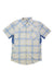 The Club Ride Men's New West Shirt is a short-sleeve button-up with light blue, yellow, and white plaid, a front chest pocket, moisture-wicking fabric, UPF 50 sun protection, collar, blue side panels, and an OR logo above the pocket.